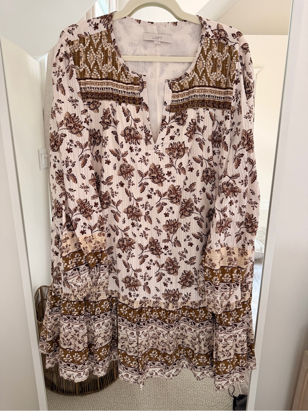 LOFT Floral Boho Swing Dress | Brown & Cream Long Sleeve | XL
